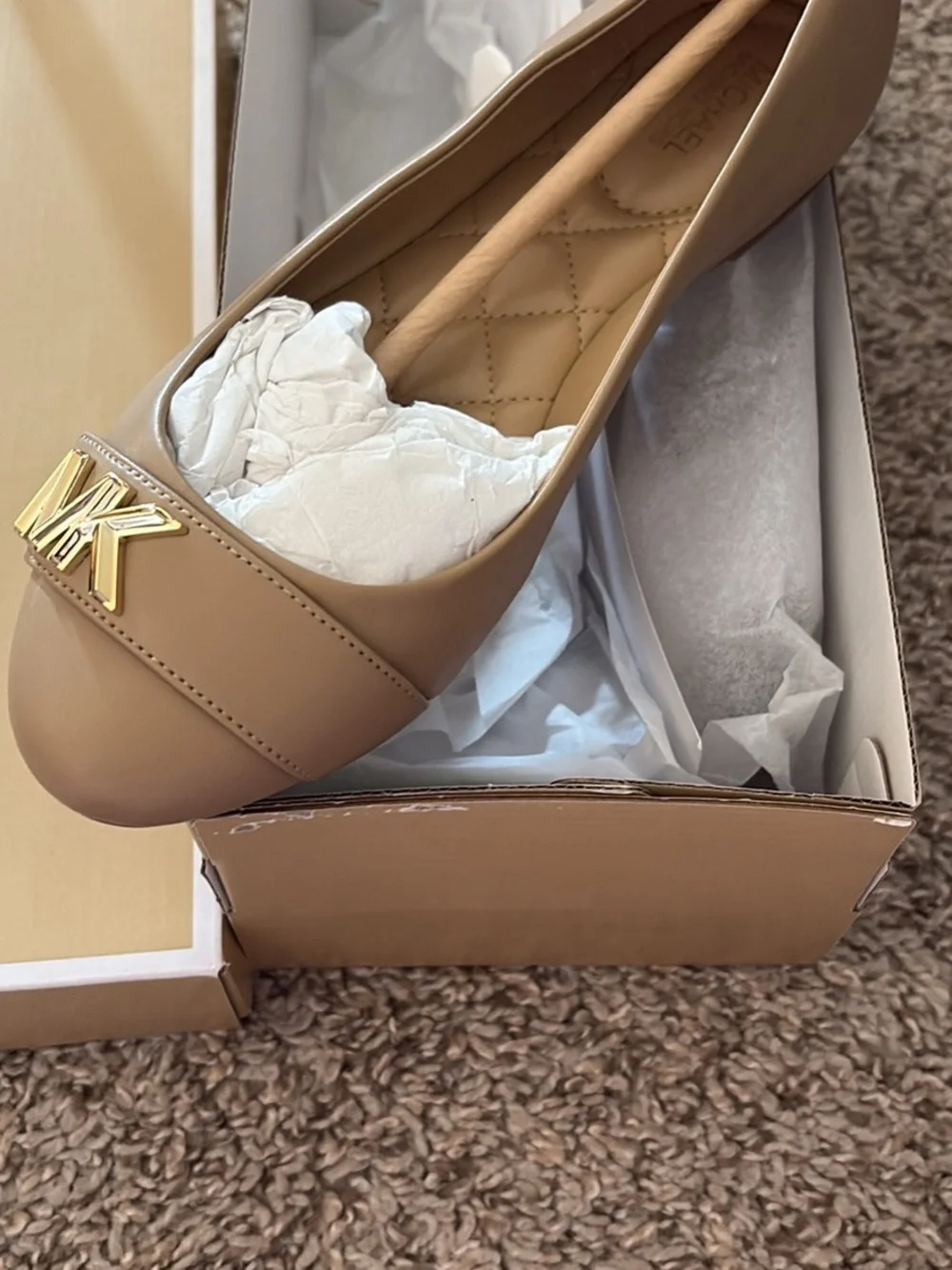 Michael Kors Tan Leather Ballet Flat with Gold MK Emblem